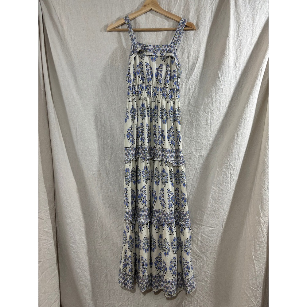 Sincerely Jules Floral Tiered Maxi Dress Blue Cream Boho Smocked Back Small